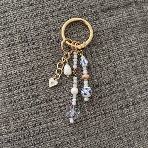 Blue & Gold Designer Inspired Beaded Bag Charm Keychain with Pearl Details